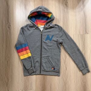 RARE Aviator Nation Signature Rainbow Full Zip Hoodie Sweatshirt Grey EUC
